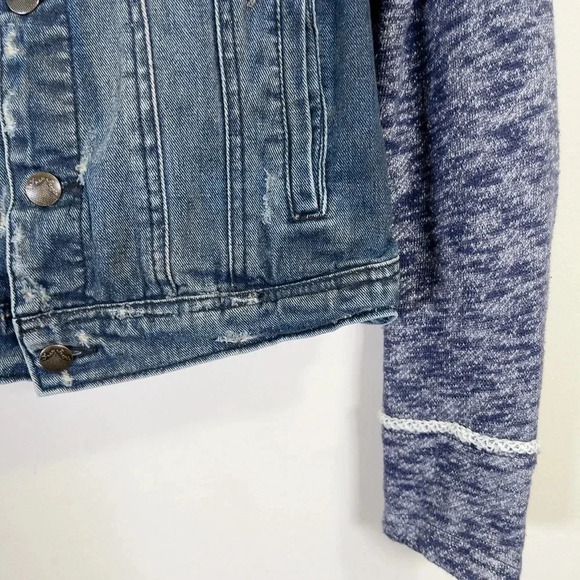 Free People Mixed Media Distressed Denim Jacket  with Knit Sleeves - Picture 8 of 16